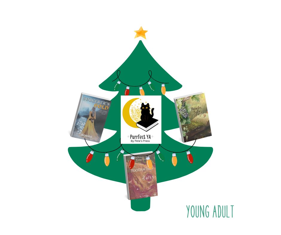 Christmas tree graphic adorned with the covers of  
Toothaches by students at Sheldon Williams Collegiate
Sorcerer's Gold by Aquila
Miracles on Bella Camila by Lili Zwart