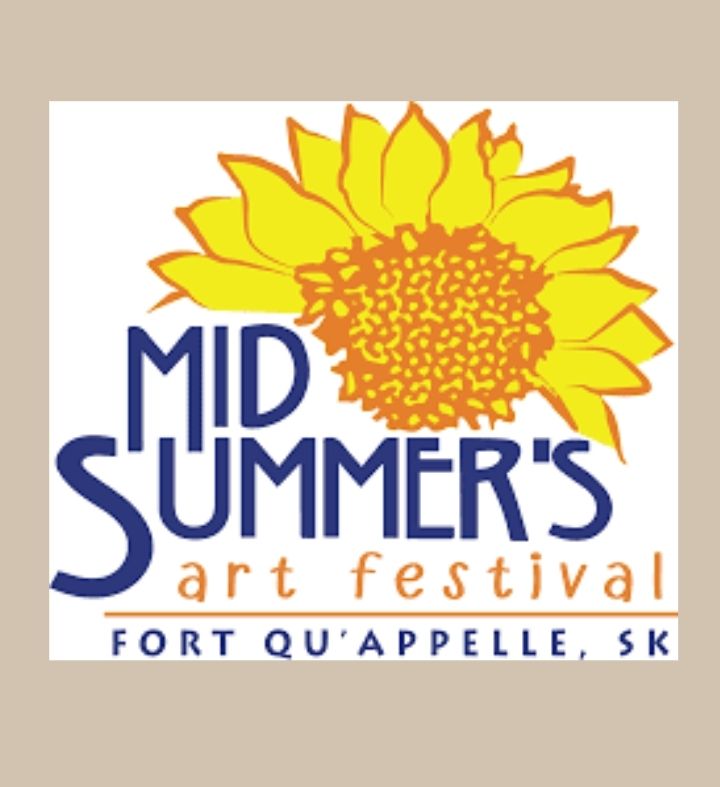 Logo for the mid summer's art festival in Fort Quappelle. Blue and Orange text with a hand drawn sunflower behind it