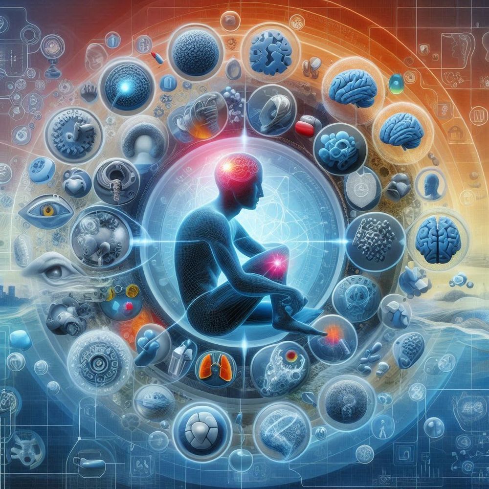 an abstract image of a human surrounded by symbols, trying to depict the complex nature of diseases