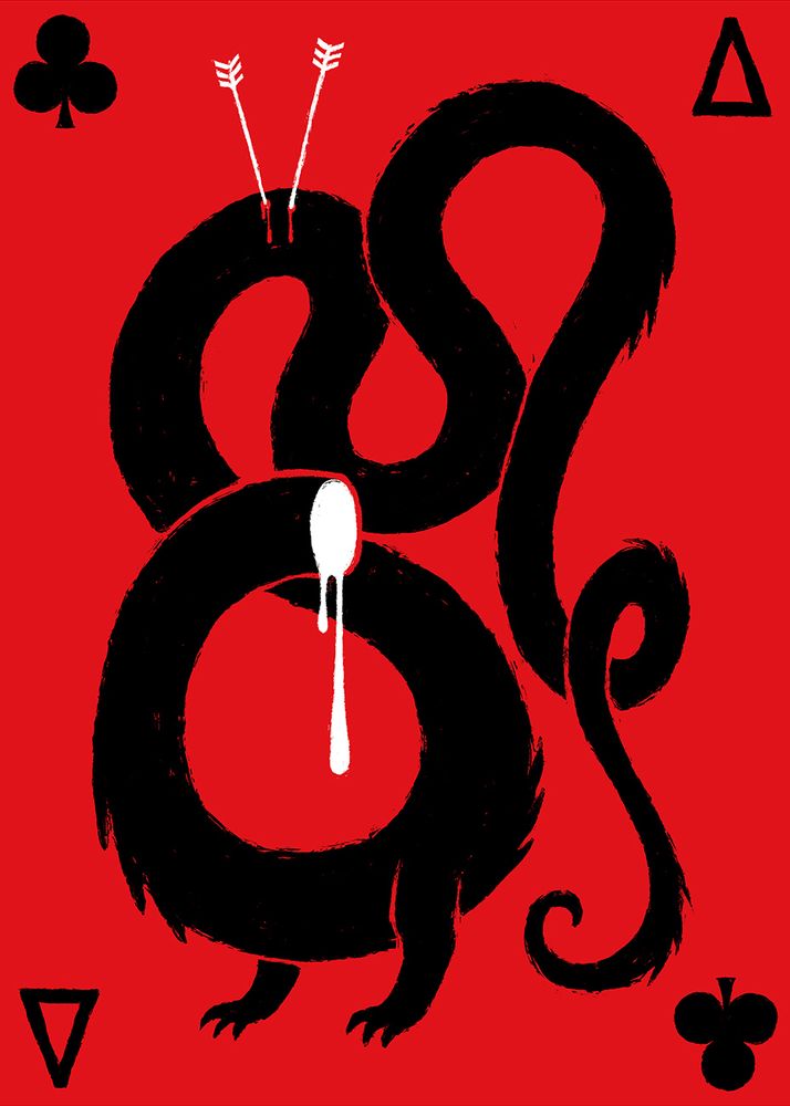 A Wolf That Only You Can See drawn by Sfé. The Ace of clubs, a headless furry serpentine wolf, pierced by a pair of arrows.