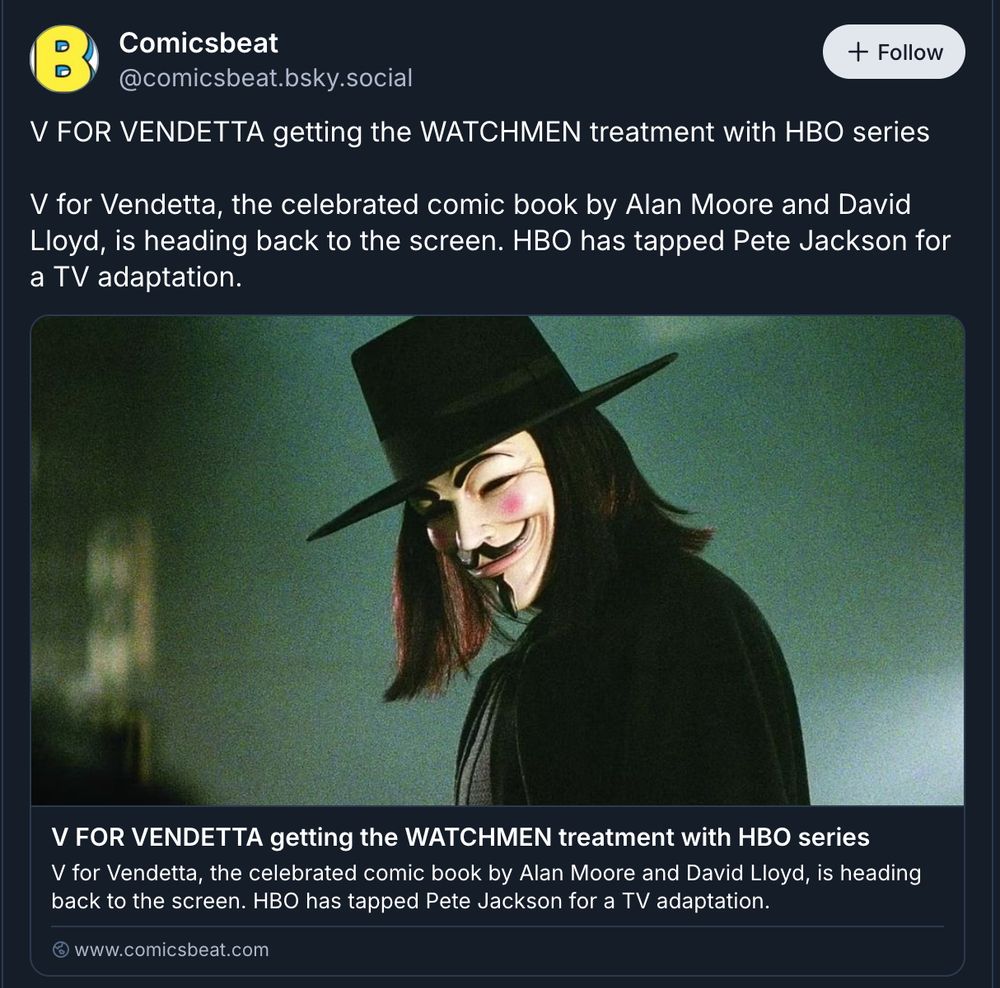 A screenshot of a new V for Vendetta series announcement