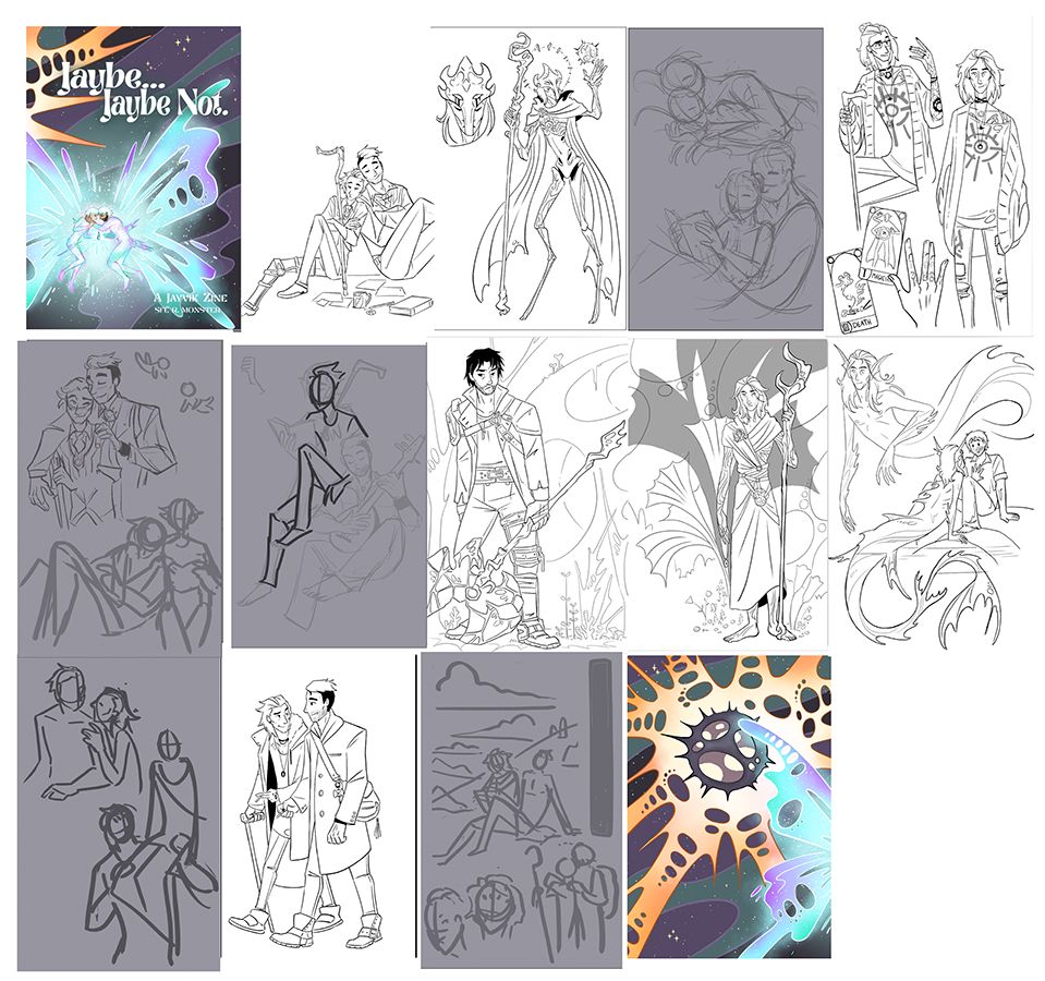 A screenshot of the WIP spreads for a 12 page jayvik zine, drawn by Sfé.