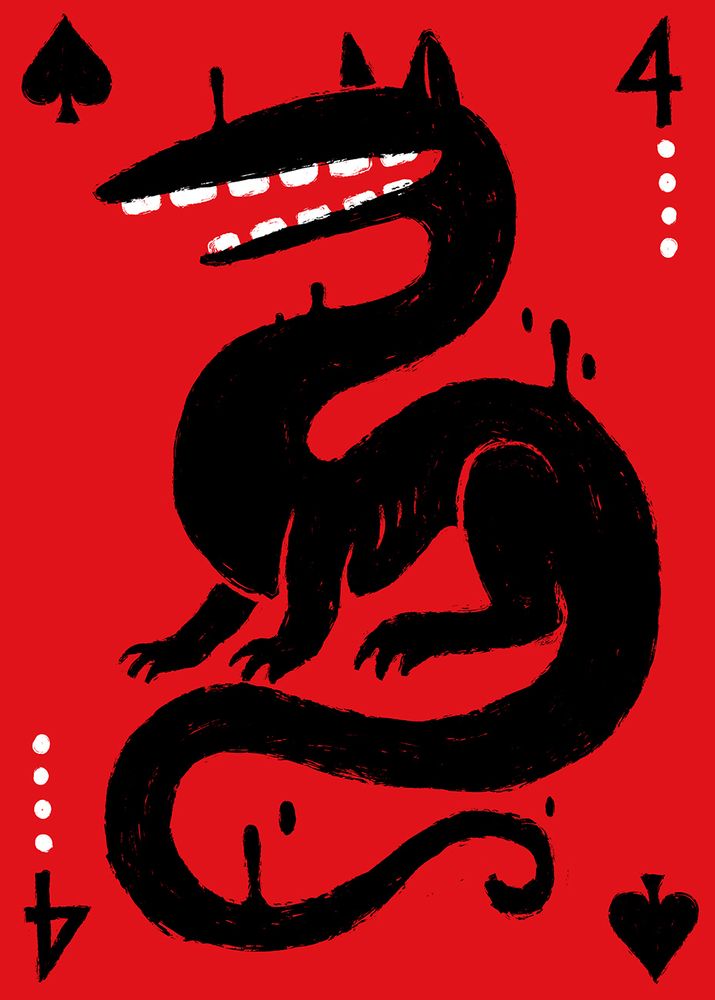 A Wolf That Only You Can See drawn by Sfé. The 4 of spades, a large eyeless wolf with a mouth full of flat molar-like teeth and a long curling tail.
