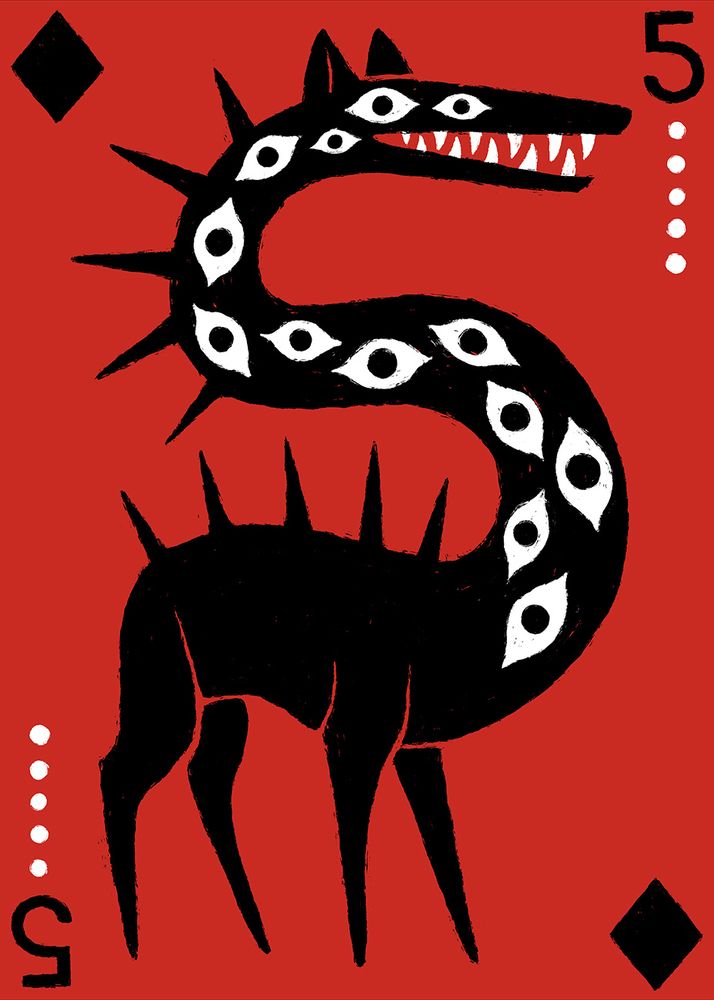 A Wolf That Only You Can See drawn by Sfé. The 5 of diamonds, a Wolf with a long spiky neck covered in dozens of eyes.