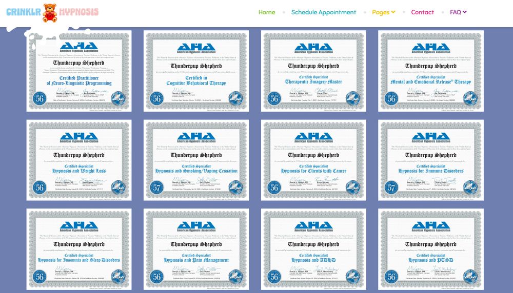 Screenshot from www.Crinklr.com displaying several hypnosis certifications held by Thunderpup.