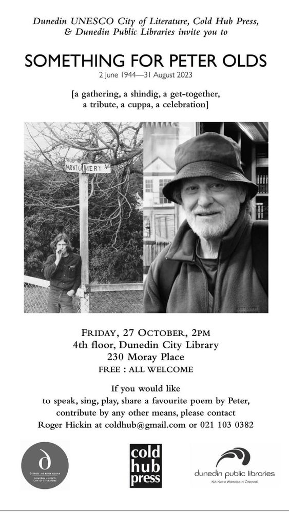 Black and white photos of poet Peter Olds, one as a young hipster, one of him in his classic bucket hat: both part of a memorial gathering invitation.