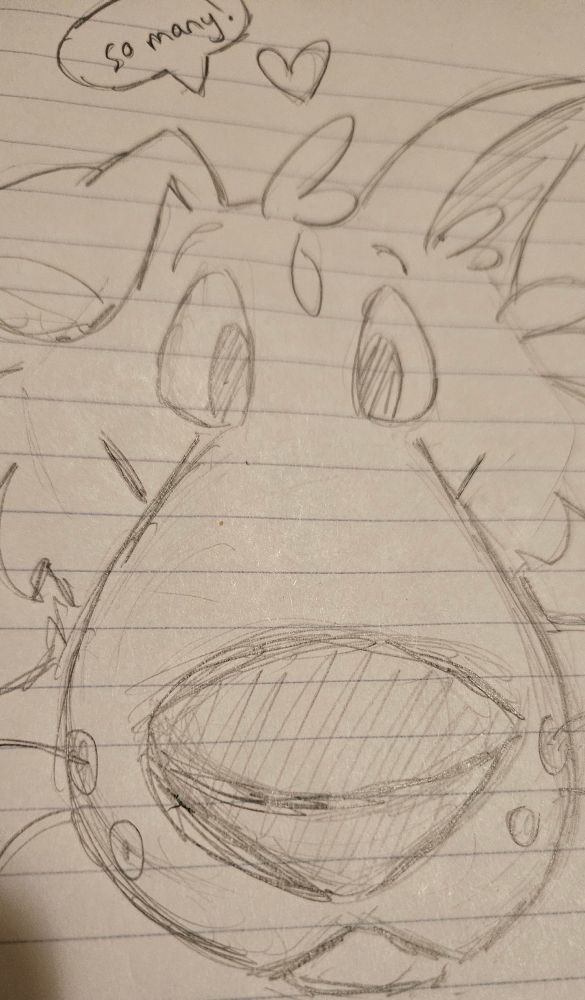 Rough pencil sketch on lined notebook paper of a toony border collie's face, with the nose and muzzle exaggerated so it looks like the viewer is very small and the dog's nose is right in your face! The dog has a happy expression and a heart over their head, with a small speech bubble that says "so many!"