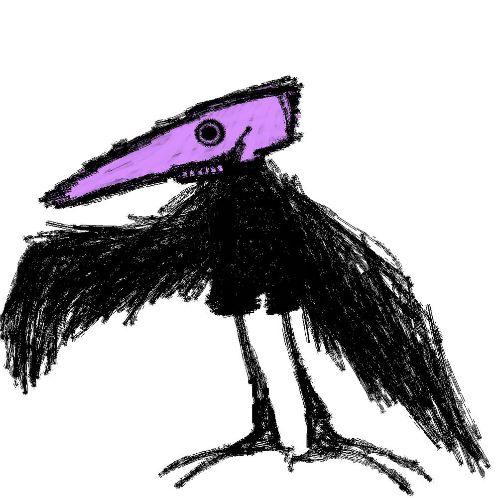 A humanoid avian with a fucked up skull head and teeth that looks so fucking scary I might cry , , ,