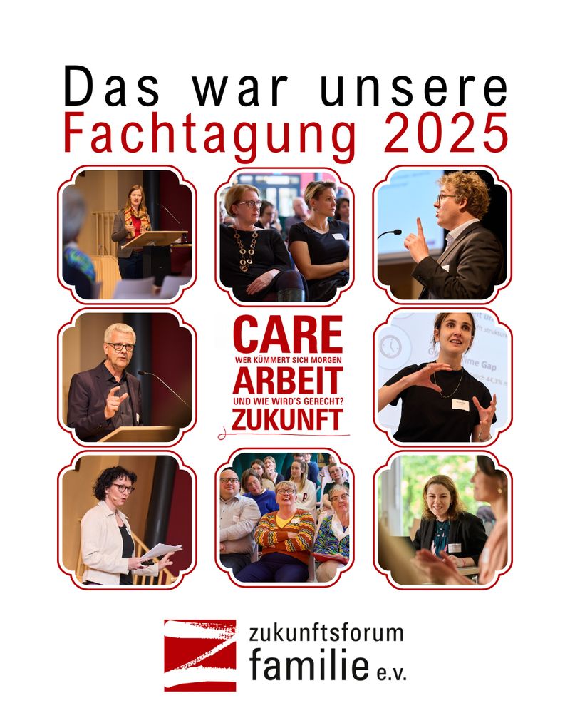 Das Bild stellt eine Kollage dar und zeigt neun Einzelbilder von verschiedenen Menschen und Gegebenheiten unserer Fachtagung. Neben Einblicke in unsere Workshops, sind auch Teilnehmer*innen der Fachtagung abgebildet. Auch der Vorstand des ZFF ist zu sehen.