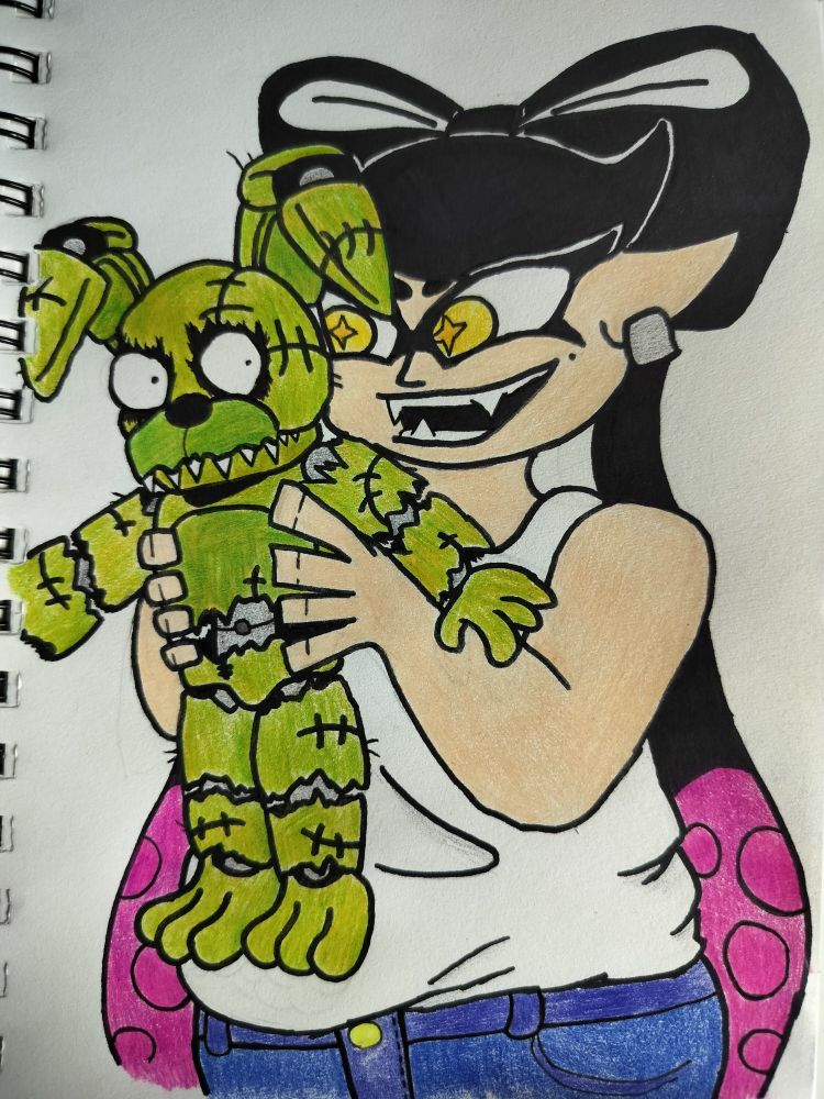 Callie Cuttlefish from Splatoon excitedly holding plushtrap from Fnaf 4 