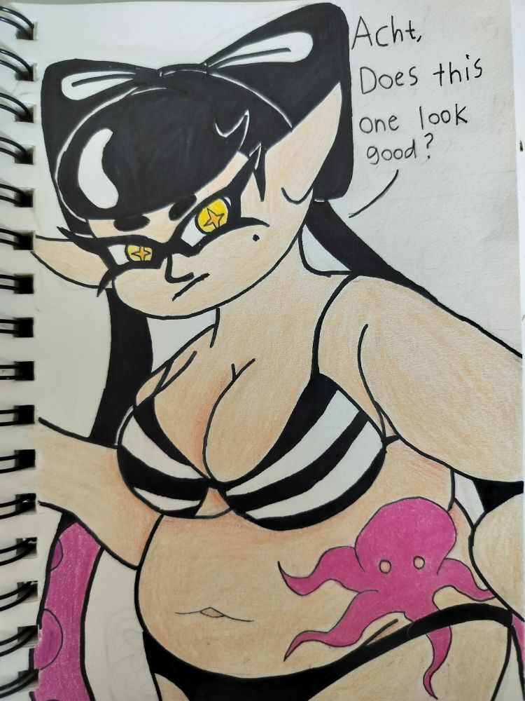 Callie Cuttlefish from Splatoon wearing a striped black and white bikini and asking "Acht, Does this one look good?"