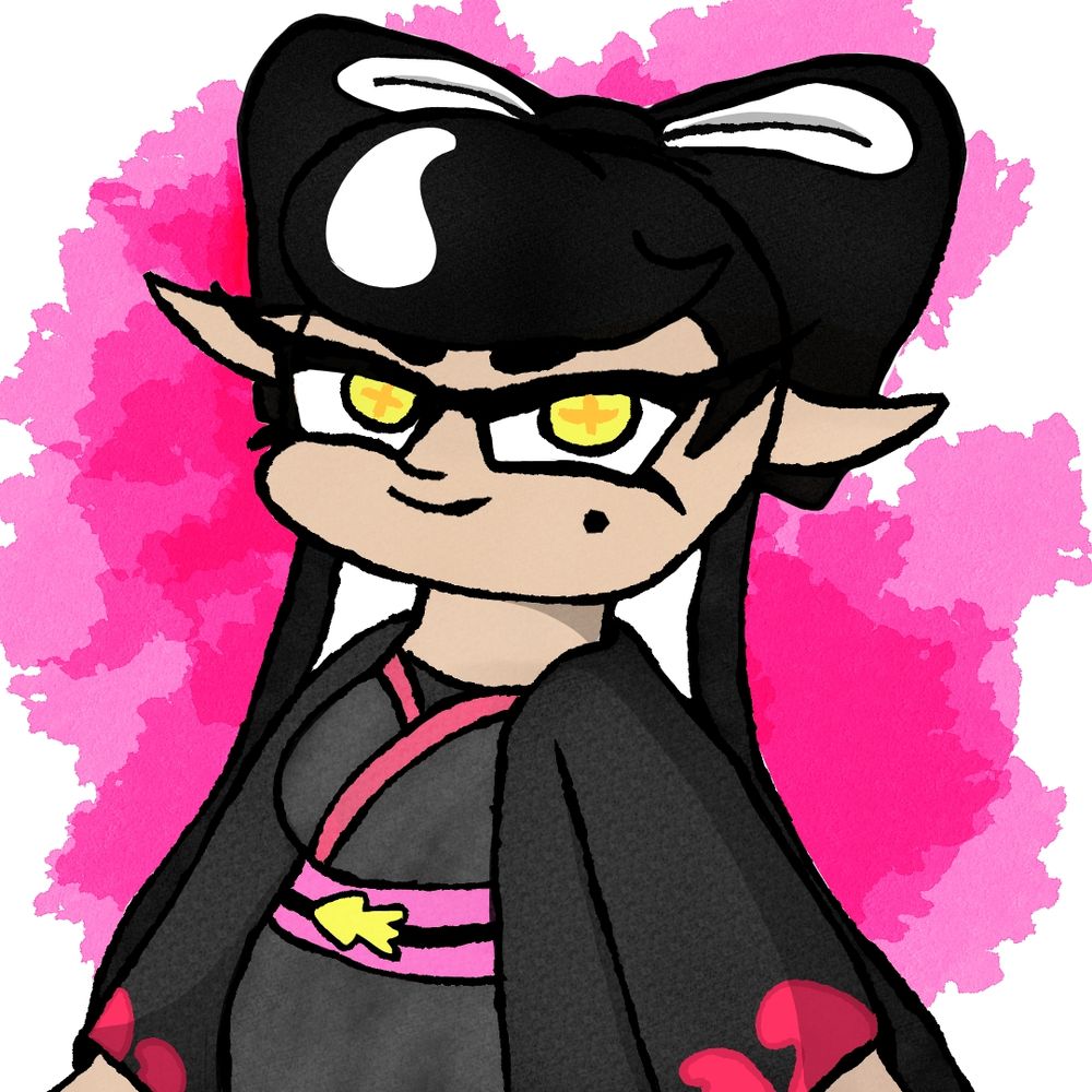 Callie Cuttlefish wearing her kimono,
the background behind her is a pink paint splatter