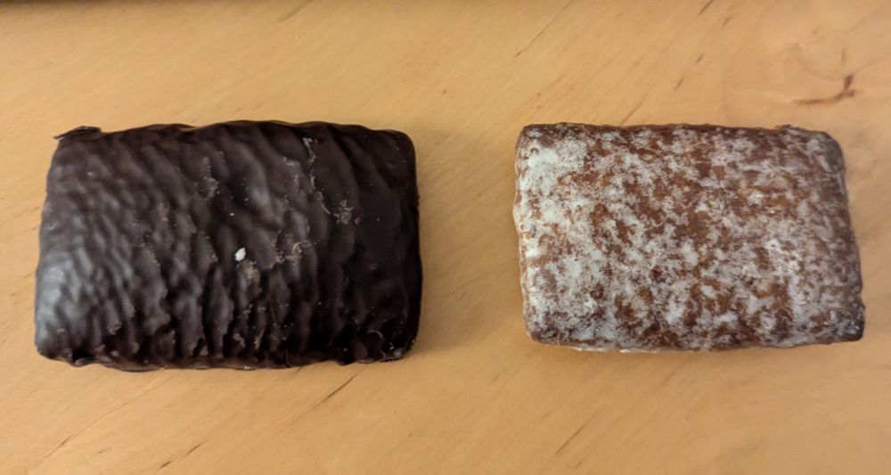 Zwei Elisenlebkuchen, einer mit dunkler Schokolade, der andere mit Zuckerguss 