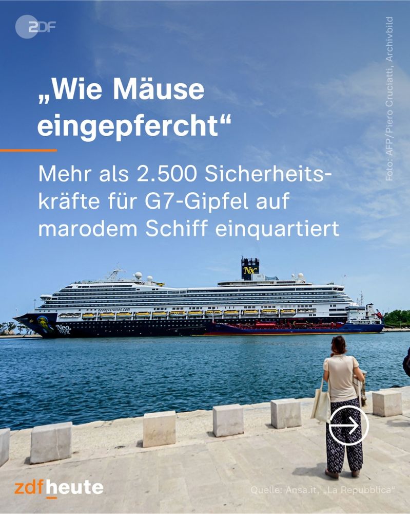 Foto von einem Schiff mit der Aufschrift, dass während des G7 Gipfels 2500 Bullen auf eben jenem Schiff eingepfercht sind