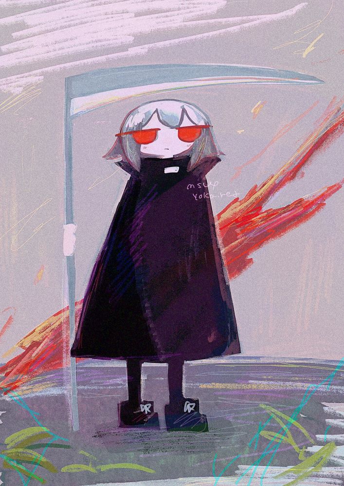 ナユタという赤い目の悪魔が描かれている。髪は外側に跳ねたショートカットで、黒い服を着ている。背景には海があり、燃えている、