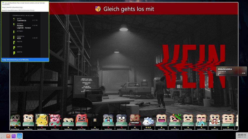 Das aktuelle Bild des Streams ist zu sehen - die "Gleich geht es los" Szene mit einem Bild des Spiels - VEIN.