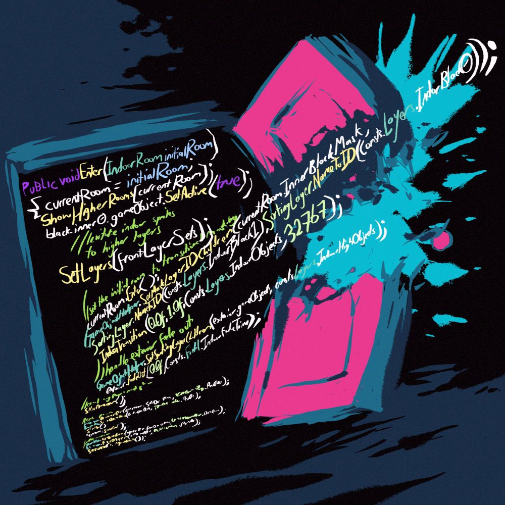 a mass of handwritten code kicking their way through a door