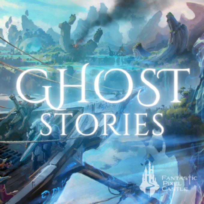A title image for the blog post featuring concept art for the in-development MMO Ghost. The art is of a skyship flying to a floating shard of land, surrounded by shimmering pastel clouds. The title reads "Ghost Stories."