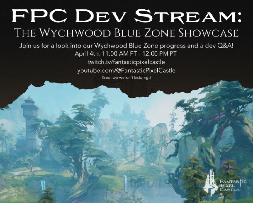 A dev stream announcement for Fantastic Pixel Castle, the studio developing the MMO codenamed Ghost. It says: "FPC Dev Stream: The Wychwood Blue Zone Showcase. Join us for a look into our Wychwood Blue Zone progress and a Dev Q&A! April 4th, 11:00 AM PT - 12:00 PM PT, twitch.tv/fantasticpixelcastle, youtube.com/@FantasticPixelCastle. (See, we weren't kidding.)" Below the text is a misty screenshot of the game, showing craggy rock faces, twisting trees, waterfalls, and a wooden tower.