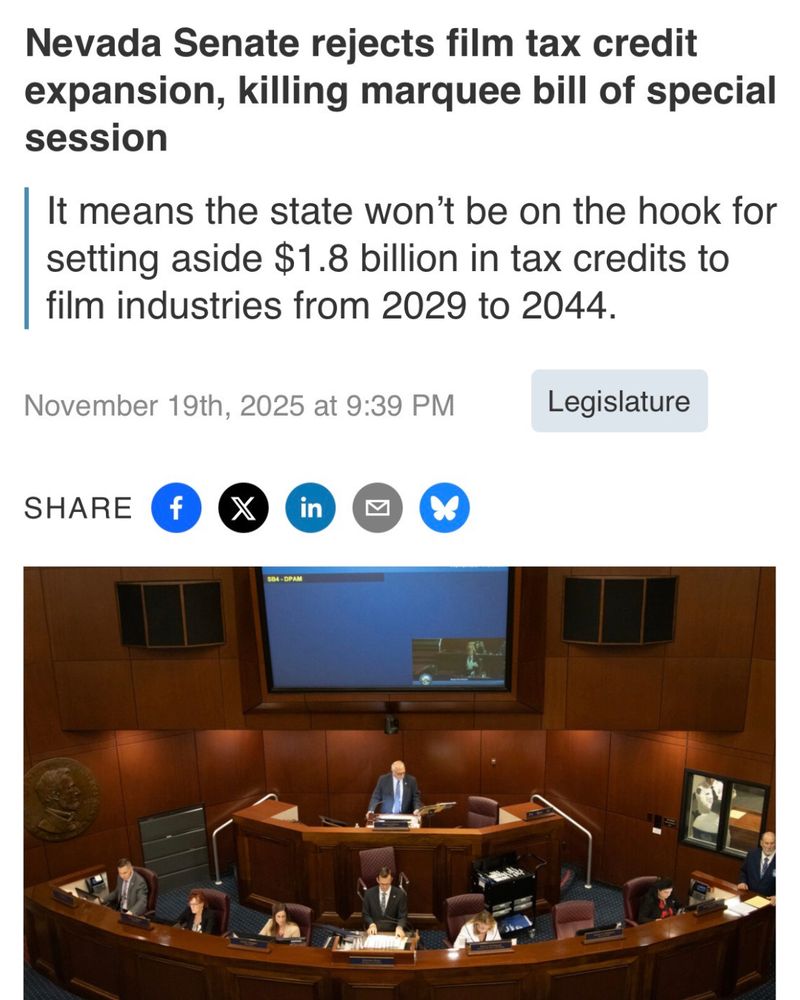 Nevada Independent article: Nevada Senate rejects film tax credit expansion, killing marquee bill of special session
It means the state won’t be on the hook for setting aside $1.8 billion in tax credits to film industries from 2029 to 2044.
