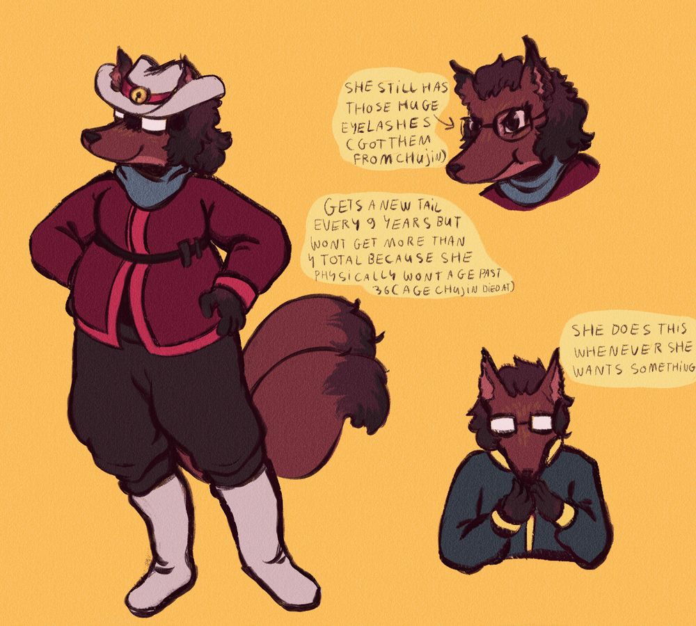 3 unshaded drawings of kanako if she where older. the largest on the left has her stand proudly wearing a white cowboy hat with a bell and square glasses hiding her eyes, she has 2 tails and a stocky bodytype. the text gets a new tail every 9 years but wont get more than 4 total because she physically wont get past 36 (the age chujin died at) is written next to her. on the top right is a bust shot of her with no hat and her eyes visible with the text She still has those huge eyelashes (got them from chujin) next to it. the bottom right has a drawing of her in a pose resembling the one chujin has in the tapes, the text She does this whenever she wants something is written next to her. 