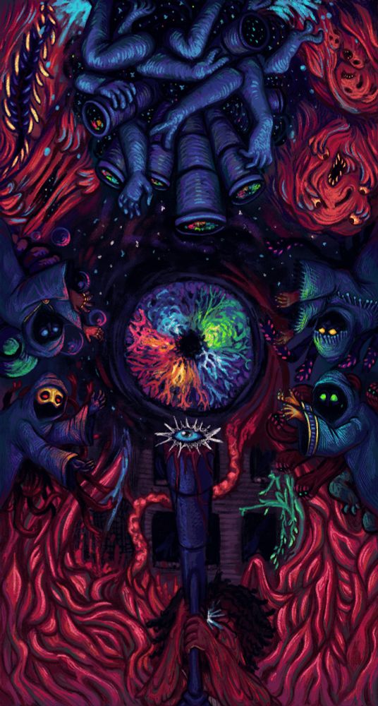 a paintery style drawing of the visitor with sybil on the bottom half looking at it through a telescope, as a human only mildly mutated with the blue eye seen in sams wall positioned on the glass, she is surrounded by the fleshy growths, behind her and the growths there is a rough map of floor 1. on the top half you see the stargazer positioned upside down, the stars being in the colour of the visitor, he is surrounded by flesh that vaguely resembles the mutants in the meat version of appartment 31. in the middle between the 4 robed astronomers are positioned reaching out towards the visitor, behind them are various things relating to their cursed forms from the flawed ritual. 