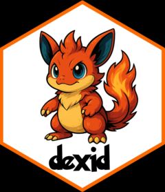Hex sticker of the R package dexid with showing a non existing pokemon that looks like a cross breed of charmander and eevee