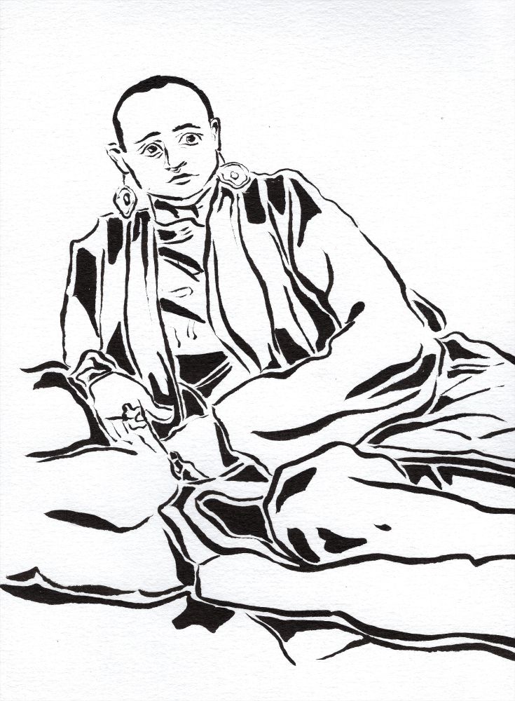 black and white ink drawing of a woman with beautiful earrings sitting on a pile of pillows