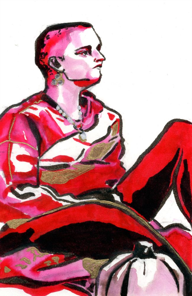 red watercolor and gold pen drawing of a woman with a shaved head staring off into the distance. a pumpkin is in the foreground. She wears leggings and a striped long sleeve shirt