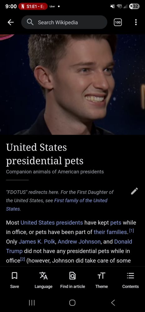 A portrait photo of Patrick Schwarzenegger is amusingly but accidentally the feature image for a Wikipedia article about United States presidential pets.