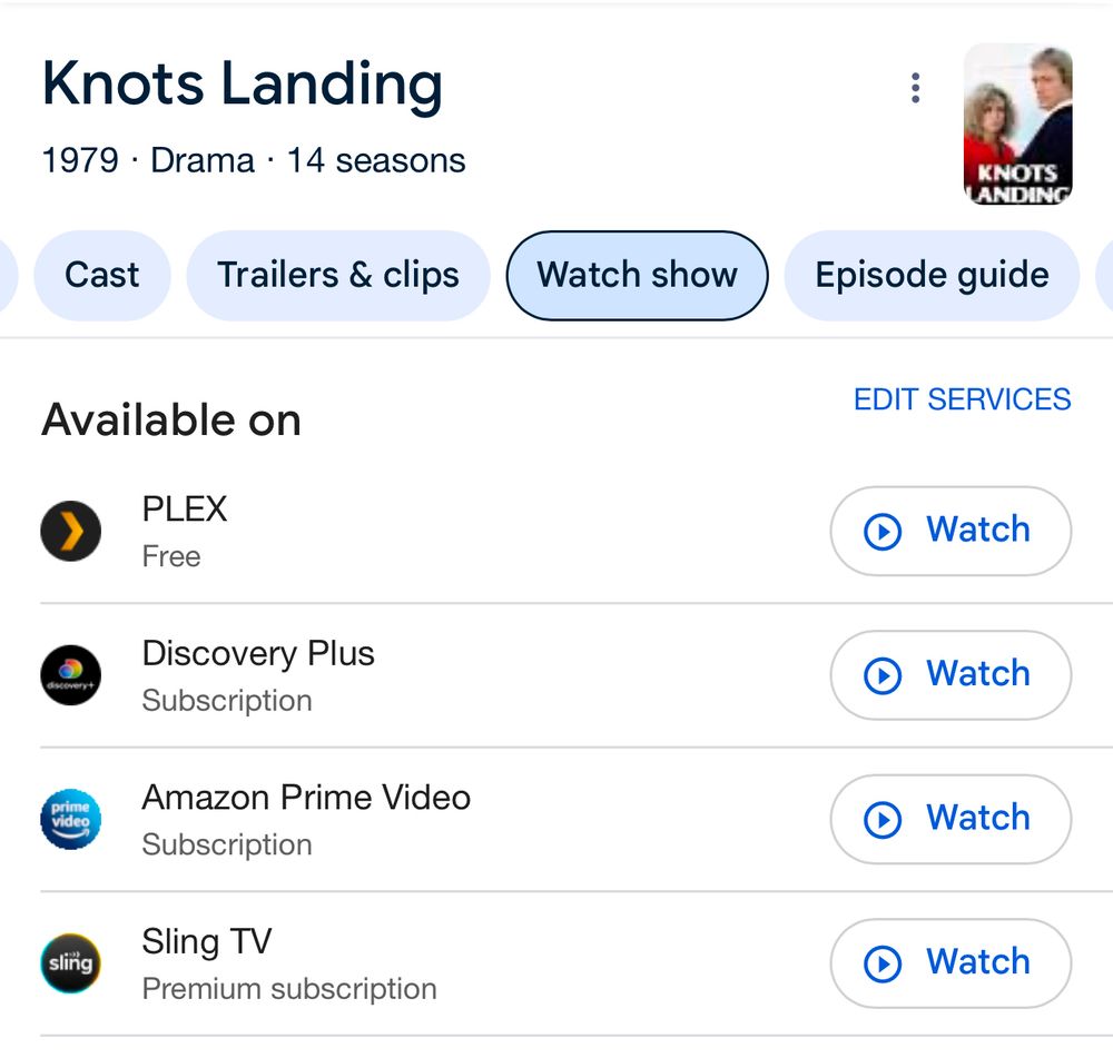 partial list of current streaming services for Knots Landing: PLEX, Discovery Plus, Amazon Prime Video, Sling TV
