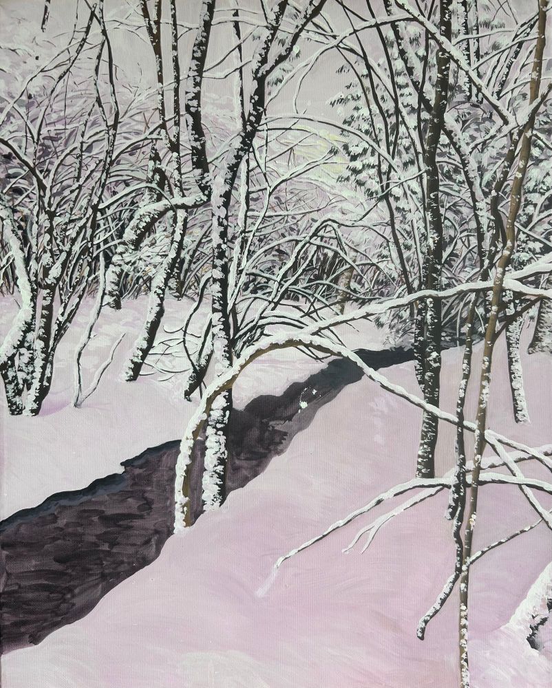Acrylic painting of a snowy, pink landscape in Ontario, Canada