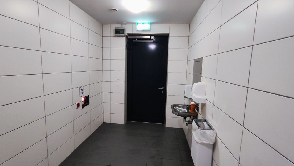 gefliester Raum mit Waschbecken schwarzem Boden und schwarzer Tür