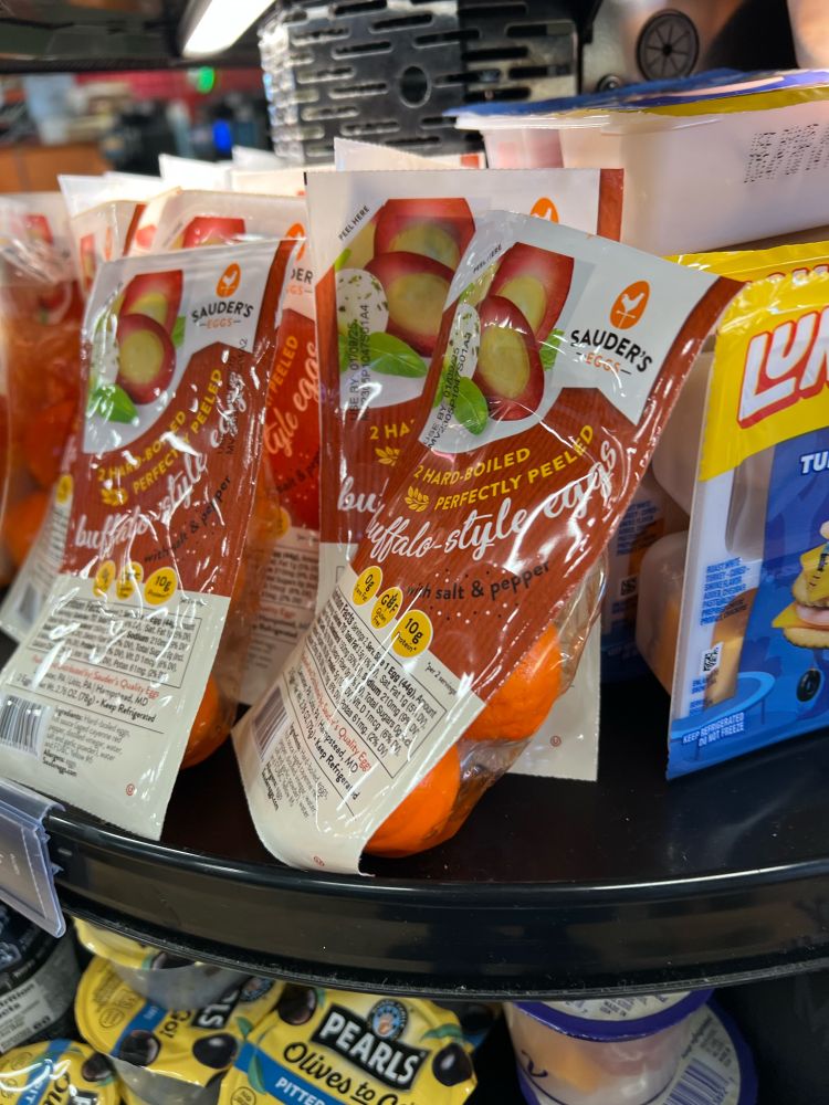 Packages of buffalo flavored hard boiled eggs!