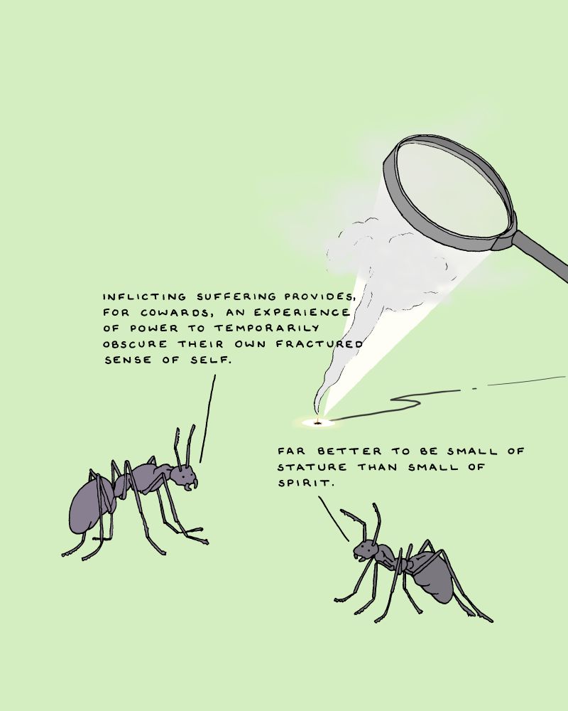 Against pastel green, a hand-drawn scene of two ants talking as a magnifying glass, held by a hand off-screen, focuses the light of a sun to create a burning point that’s heading their way. The first says, “Inflicting suffering provides, for cowards, an experience of power to temporarily obscure their own fractured sense of self.” And the other replies, “Far better to be small of stature than small of spirit.”