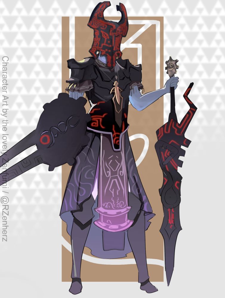 A man of the Twili race from the legend of zelda series. Wearing armor and a helmet that looks like the Fused Shadow that midna wear from Twilight Princess