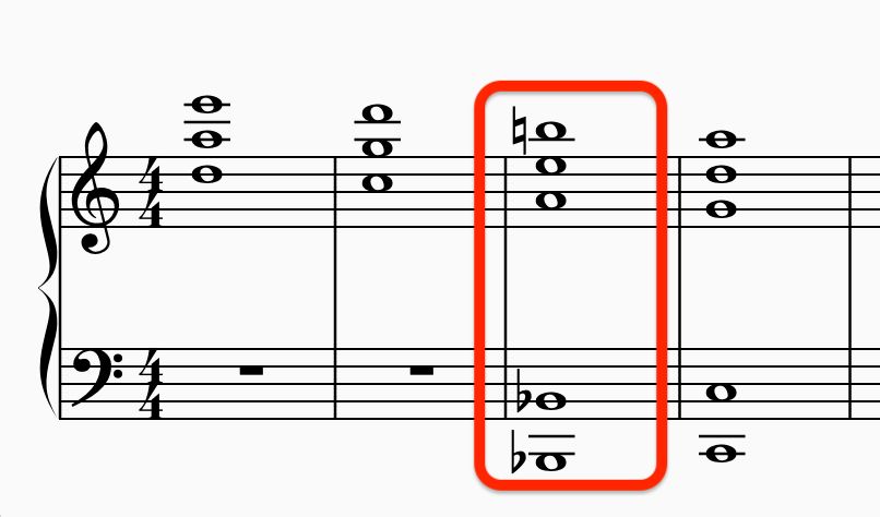 A E B-natural with B-flat in the bass (!)