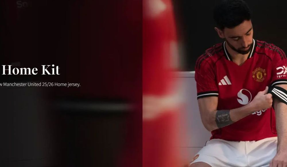 Composite image from a shirt-selling site. Man United's captain looks downcast while pulling on the new shirt