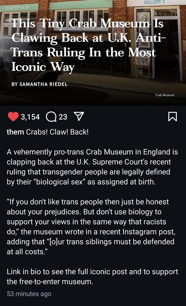 Screenshot from ig account @them on the Tiny Crab Museum's response to the UI supreme court ruling. 
