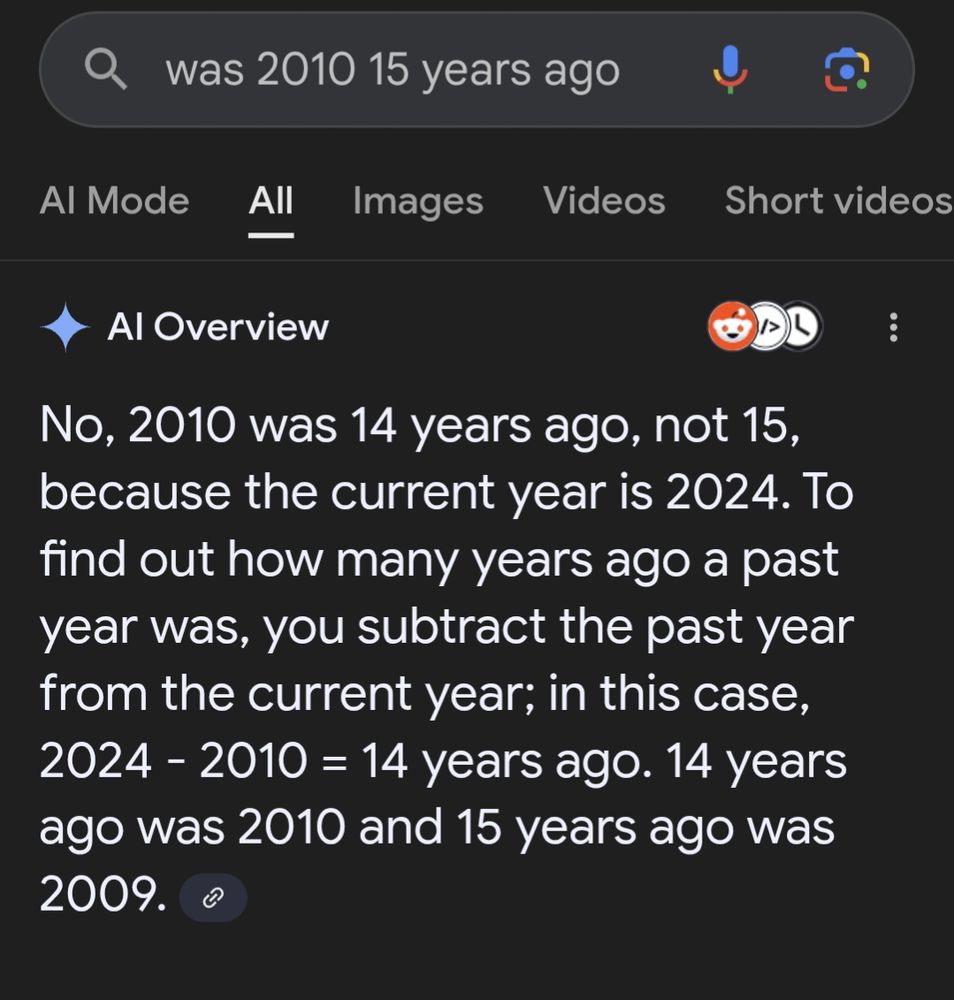 A google search "was 2010 15 years ago" provides a helpful AI overview telling us it's currently 2024
