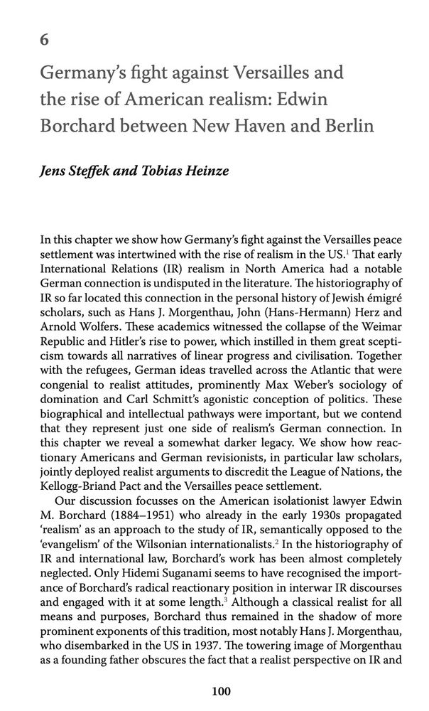 The picture shows the first page of the chapter 'Germany's fight against Versailles and the rise of American realism: Edwin Borchard between New Haven and Berlin', authored by Jens Steffek and Tobias Heinze.