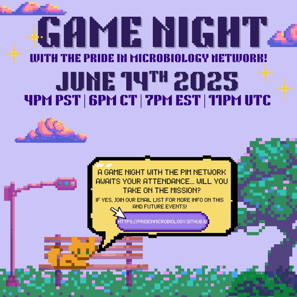 A colourful retro-gaming pixel art style flyer of a cat on a park bench, advertising the Game Night with Pride in Microbiology.