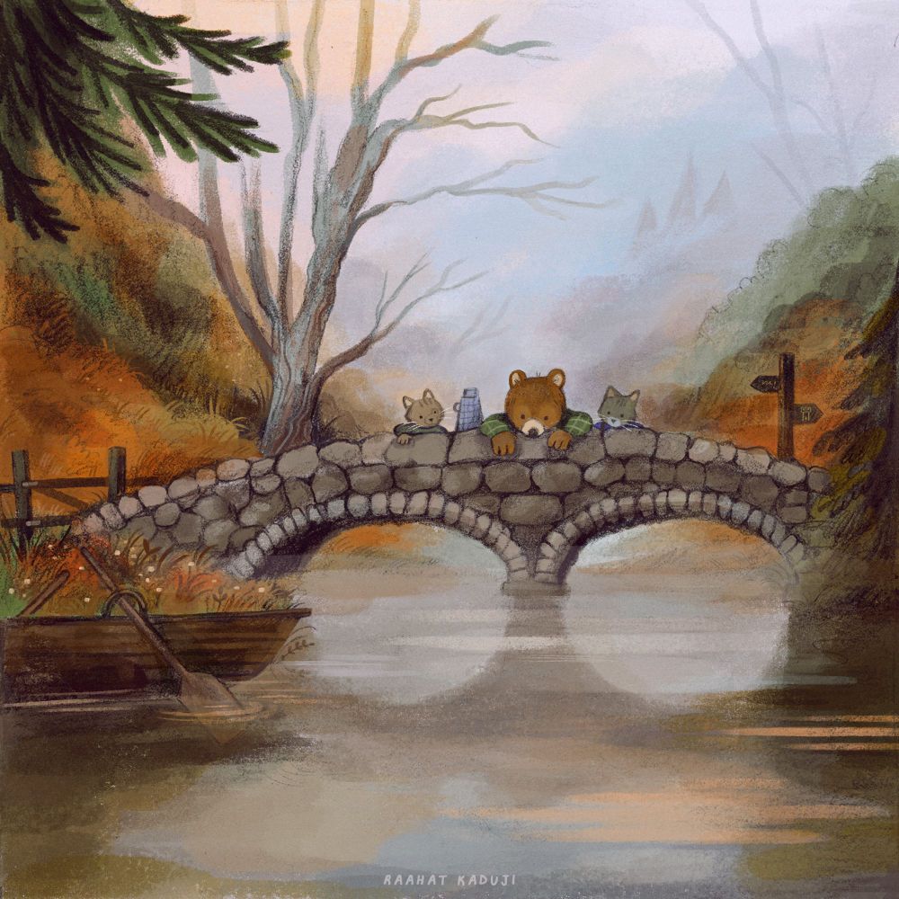 Illustration of a brown bear and two grey cats looking over a stone bridge. There is a wooden boat moored on the left, with a gate behind it. Trees surround them, and there is a wooden direction post on the right. The colours are mostly autumnal (orange, brown, green, with a hint of pink and blue).