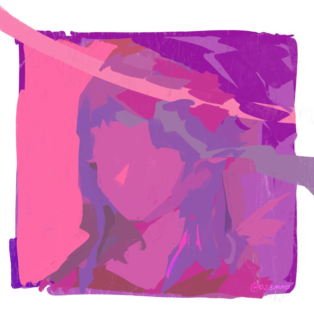 A digital painting depicting a girl with sharp features and pointed ears. Strokes are blocky and thick, varying in their pink and purple hues.