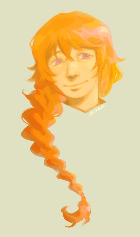 A painting of a girl with a warm smile, her single long braid flowing downwards.