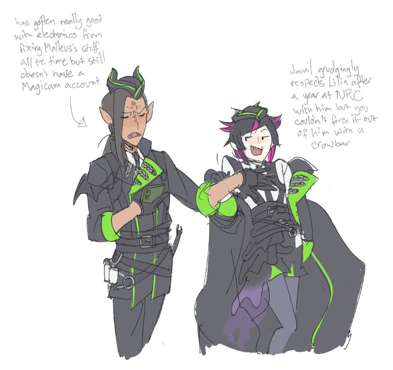 Jamil and Lilia in Diasomnia dorm uniforms; Jamil has pointy ears, fangs and scales on his face. Text reads "has gotten really good with electronics from fixing Malleus's stuff all the time but still doesn't have a Magicam account" with an arrow pointing to Jamil and "Jamil grudgingly respects Lilia after a year at NRC with him but you couldn't force it out of him with a crowbar"