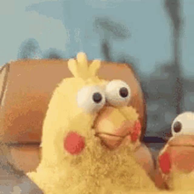 two stuffed chickens with big eyes are sitting next to each other .