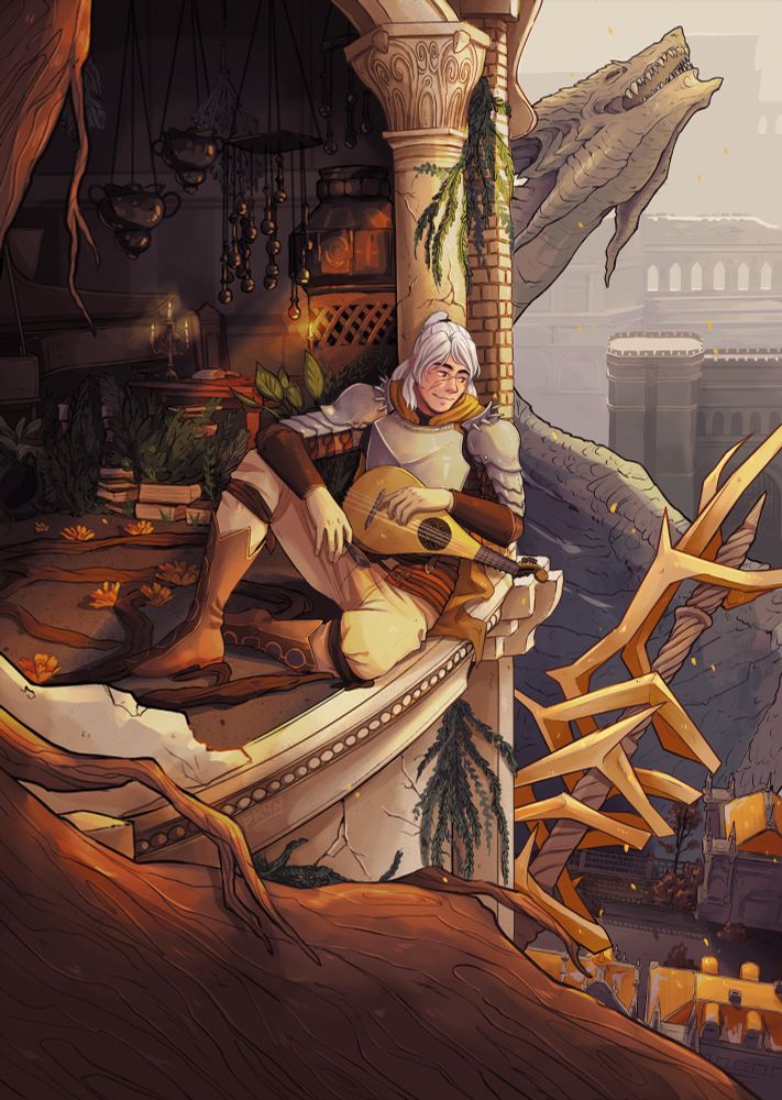 fanart of Wrenn (elden ring tarnished OC) sitting in the ruins of Leyndell with their gittern. They are seated on the edge of a crumbling tower. the interior of the tower is dark, filled with books and plants. the outside, in contrast, is bright with golden sun. gransax is visible, and the angle shows the gold rooftops of the city below.