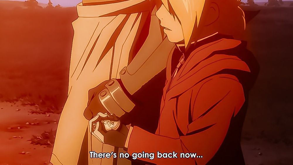 Edward and Alphonse Elric, in the glow of their burning childhood home, saying "There's no going back now"