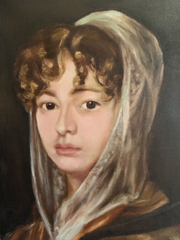 An oil painting of the head of a young woman with dark eyes and chestnut curls spilling out of a translucent veil covering most of her hair. She is staring directly at the viewer.